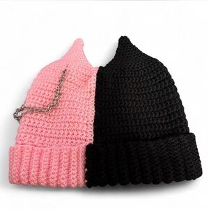 Pink and Black Knit Beanie devil with chain